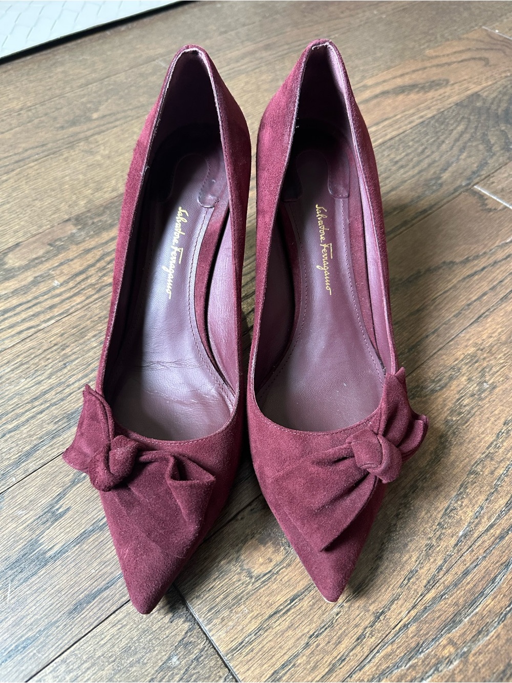 Salvatore Ferragamo Burgundy Suede Pointed-Toe Knot Pumps